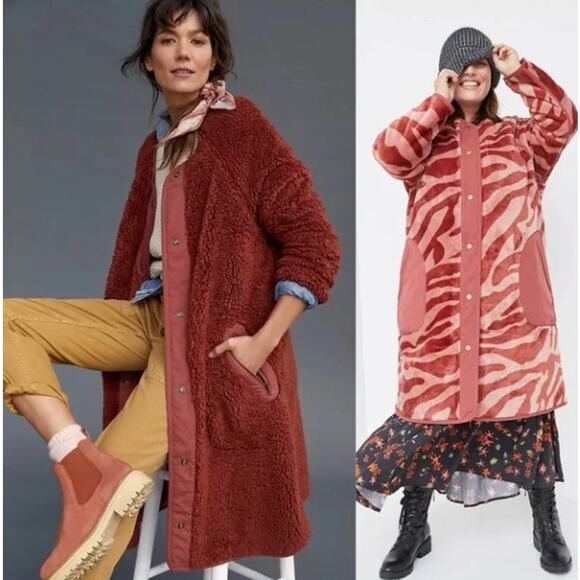 Anthropologie Margot Terra Cotta & Zebra Print Reversible Fleece Duster Coat - Picture 1 of 8